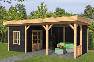 Tuindeco Oslo L Overkapping type 8 690x380 cm Lariks/Douglashout blank en Zweeds rabat zwart- Plat dak- Onbehandeld lariks Douglas hout- Tuindeco