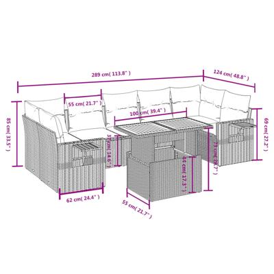 8-delige Loungeset met kussens poly rattan zwart