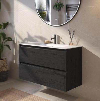 Saqu Gaia badmeubel incl. glans witte keramische wastafel 100x46x61cm eiken zwart - zwarte greeplijst