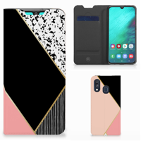 Samsung Galaxy A40 Stand Case Zwart Roze Vormen - thumbnail