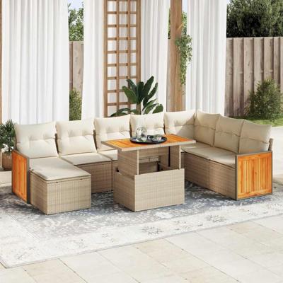 9-delige Loungeset met kussens poly rattan acacia beige
