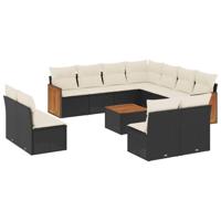 12-delige Loungeset met kussens poly rattan zwart - thumbnail