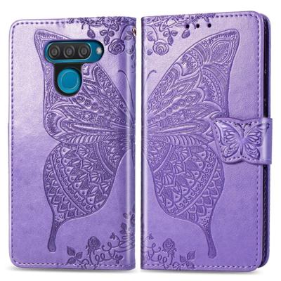 Butterfly Love bloemen reliëf horizontale Flip lederen case voor LG q60 met houder & kaartsleuven & portemonnee & Lanyard (licht paars)