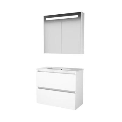 Basic-Line Premium 39 Badkamermeubelset - Ondiep - 80 x 39 cm - Greeploos - 2 Lades - Keramische Wastafel - 1 Kraangat - Spiegelkast met LED Verlichting - Ice White