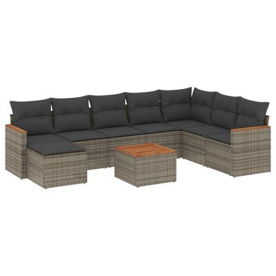 8-delige Loungeset met kussens poly rattan grijs