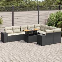 10-delige Loungeset met kussens poly rattan acacia zwart - thumbnail