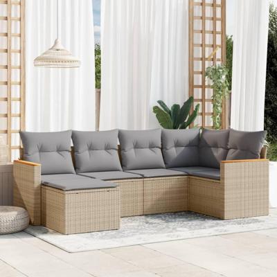 6-delige Loungeset met kussens poly rattan gemengd beige