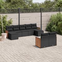 10-delige Loungeset met kussens poly rattan zwart - thumbnail