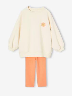 Meisjesset met gebloemde jurk-sweater + kuitbroek ecru