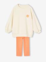 Meisjesset met gebloemde jurk-sweater + kuitbroek ecru - thumbnail