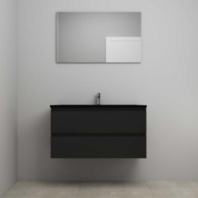 On-Line Badkamermeubelset - 100 cm - Voorgemonteerd - Ladestructuur - Acryl Wastafel - 1 Kraangat - Spiegel - Mat Zwart