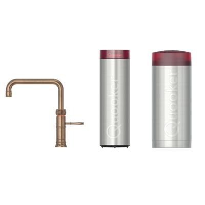 Quooker Classic Fusion Square Keukenkraan Set - Kokend Warm- en Koud Water - Messing Patina - met COMBI+ Reservoir & CUBE - Direct Gekoeld Bruisend Water