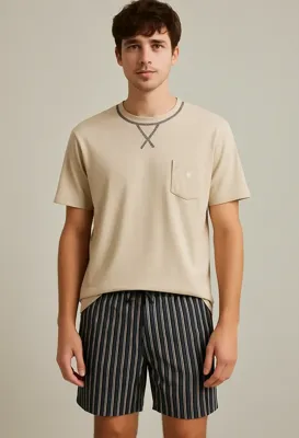 M.E.Q. Heren shortama - Katoen - ronde hals - Beige