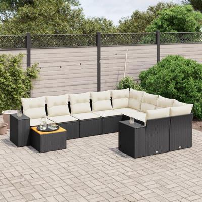 10-delige Loungeset met kussens poly rattan zwart