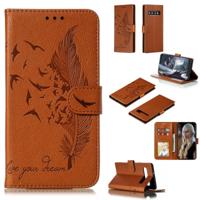 Feather patroon Litchi textuur horizontale Flip lederen draagtas met portemonnee & houder & kaartsleuven voor Galaxy S10 5G (bruin) - thumbnail