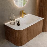 Mondiaz KURVE-DLUX 85 cm Onderkast Greeploos 1 Lade Met Deuren Walnut, Wastafel Solid Surface Rechts Opalo 1 Kraangat Zonder Spiegel (KRVCLO85L1L1D1KR-Wal/Opa) - thumbnail