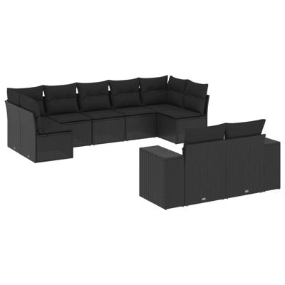 10-delige Loungeset met kussens poly rattan zwart - thumbnail
