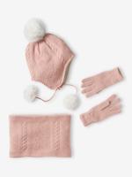 Gebreide set met muts + snood + handschoenen roze (poederkleur) - thumbnail