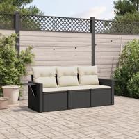 3-delige Loungeset met kussens poly rattan zwart - thumbnail