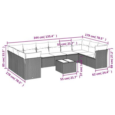 11-delige Loungeset met kussens poly rattan bruin