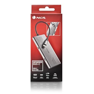 NGS WONDERDUO-C Aluminium 4-in-1 Multiport USB-adapter, 2 USB-C + 2 USB-A, Hoge Snelheid 5 Gbps, Compatibel met PC, Mac en Tablet, Draagbaar en Lichtgewicht Design, Aluminium Behuizing, Kabel 180mm