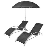 VidaXL Ligbedden met parasol aluminium zwart - thumbnail