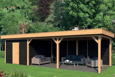 Tuindeco Oslo XL Overkapping type 7 990x430 cm Lariks/Douglashout blank en Zweeds rabat zwart- Plat dak- Onbehandeld lariks Douglas hout- Tuindeco
