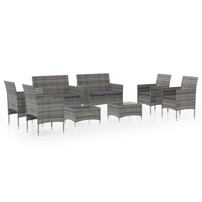 8-delige Loungeset met kussens poly rattan grijs