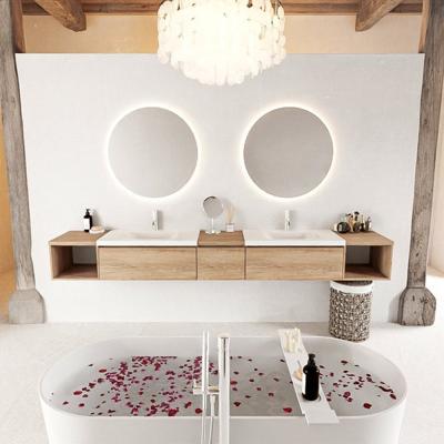 MONDIAZ BUKLA 280cm badmeubel met open module 40 L+R kleur Washed Oak met 3 lades. Wastafel CLOUD dubbel 2 kraangaten kleur Talc.