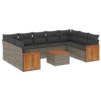 10-delige Loungeset met kussens poly rattan grijs - thumbnail