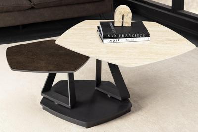 Design salontafel MOVEMENT roest vijfhoekige draaibare travertijn keramiek zwart metaal - 46421
