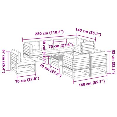 9-delige Loungeset met kussens massief grenenhout wasbruin - thumbnail