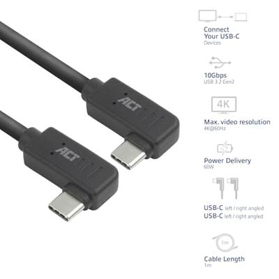 ACT USB 3.0 10Gbps 60W USB Type-C (haaks horizontaal) - USB Type-C (haaks horizontaal) 1m