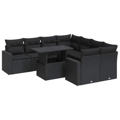 9-delige Loungeset met kussens poly rattan zwart