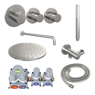 Inbouw Regendouche Set Brauer Brushed Edition Gebogen Wanduitloop Ronde Hoofddouche 30 cm Met Twee Stopkranen RVS Look Brauer
