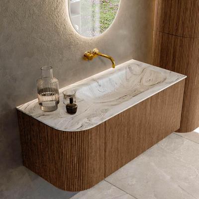 Mondiaz KURVE-DLUX 105 cm Onderkast Greeploos 1 Lade Met Deuren Walnut, Wastafel Solid Surface Rechts Glace 0 Kraangaten Zonder Spiegel (KRVBGS105L1L1D0KR-Wal/Gla)