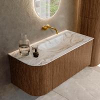 Mondiaz KURVE-DLUX 105 cm Onderkast Greeploos 1 Lade Met Deuren Walnut, Wastafel Solid Surface Rechts Glace 0 Kraangaten Zonder Spiegel (KRVBGS105L1L1D0KR-Wal/Gla) - thumbnail