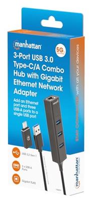 Manhattan 180894 180894 USB-hub 4 poorten USB-A, RJ45 USB 3.0 5 GBit/s Met ingebouwde netwerkaansluiting Zwart