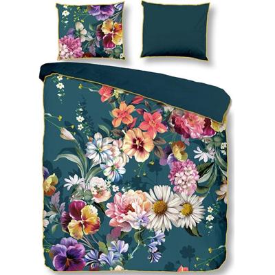 Descanso Dekbedovertrek "bloemen" - Petrol - (200x200/220 cm) - Biologisch Katoen satijn