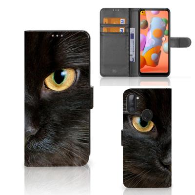 Samsung Galaxy M11 | A11 | Telefoonhoesje | Met pasjeshouder | Zwarte Kat