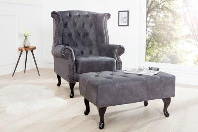 Elegante Chesterfield voetenbank antiekgrijs met knoopstiksel en klinknagels - 37474