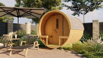 Tuindeco Thermowood barrelsauna Ø190x250 cm grenen thermisch gemodificeerd- Boogdak- Geschaafd, thermisch gemodificeerd thermowood- Tuindeco