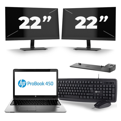 HP ProBook 450 G2 - Intel Core i3-5e Generatie - 15 inch - 8GB RAM - 256GB SSD - Windows 11 + 2x 22 inch Monitor