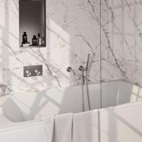 Brauer Stripe thermostatische inbouw badkraan met drukknoppen SET 03 met uitloop en staaf handdouche en doucheslang en wandaansluitbocht RVS-kleurig geborsteld PVD - thumbnail