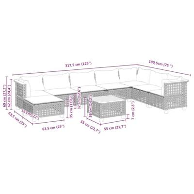 9-delige Loungeset met kussens poly rattan grijs