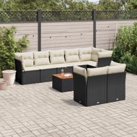9-delige Loungeset met kussens poly rattan zwart - thumbnail