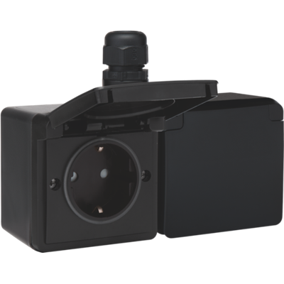 Niko Hydro stopcontact 2 voudig met randaarde horizontaal waterdicht zwart