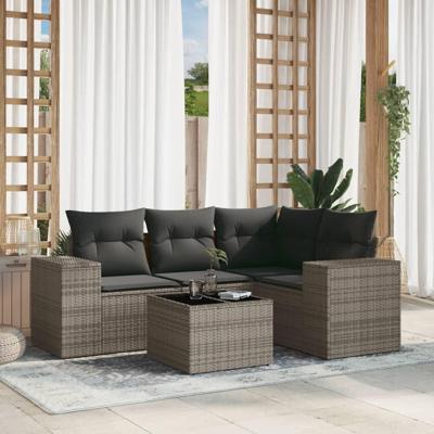 5-delige Loungeset met kussens poly rattan grijs