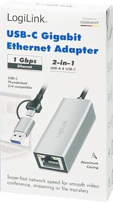 LogiLink USB 2.0 Adapter [1x USB 3.2 Gen 1 stekker C (USB 3.0) - 1x RJ45-bus] UA0238B 18.00 cm