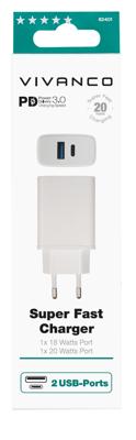 Vivanco TCVVDUALUSB20W GSM-lader USB-A, USB-C Met snellaadfunctie Wit